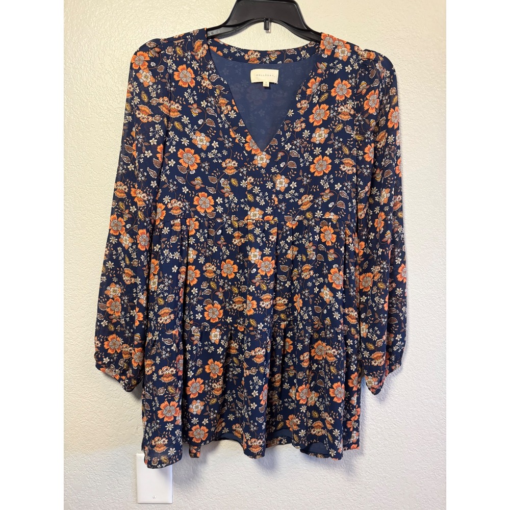 Melloday Navy Blue Floral V-Neck Tiered Babydoll Tunic Top Small